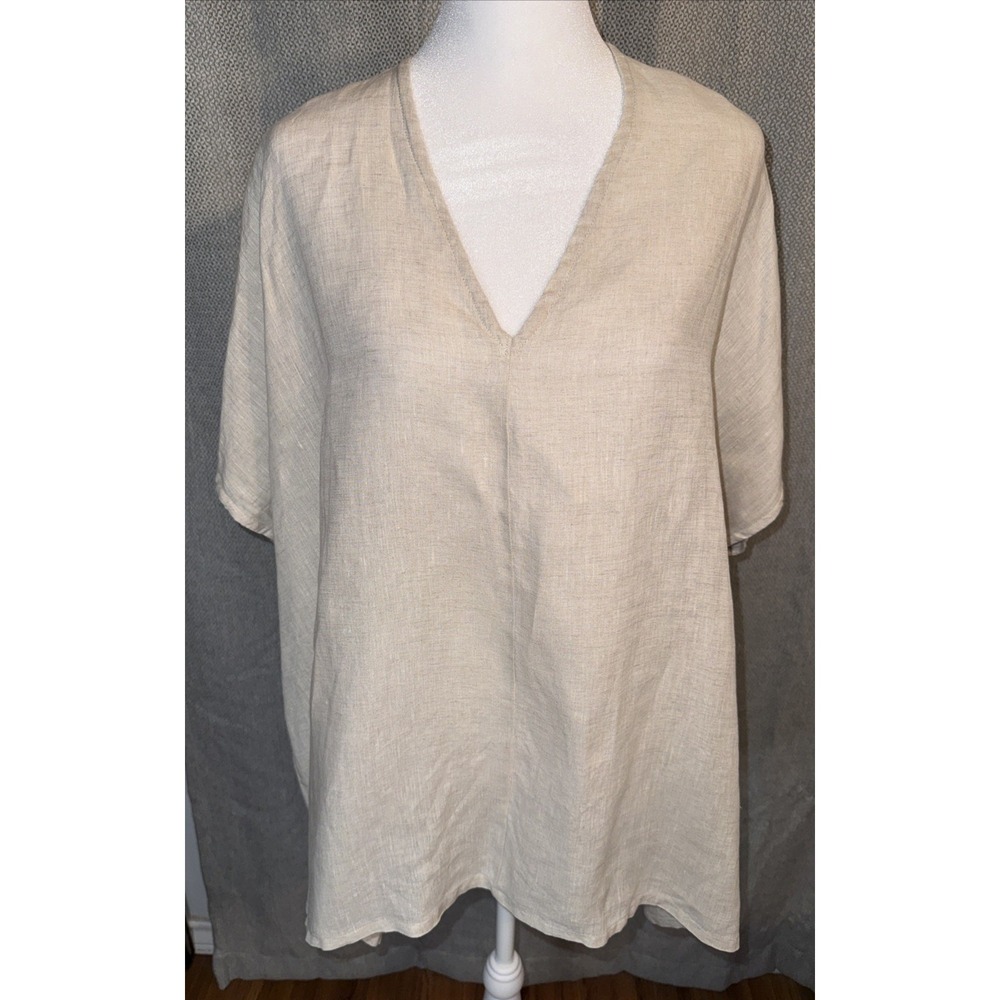 Bryan Walker 100% Linen Tunic Top Women's Size Medium Beige Short Sleeve V Neck